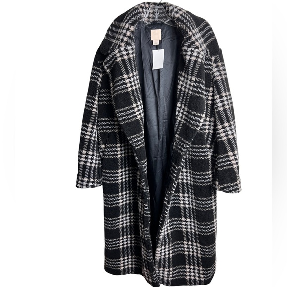 H&M Wool Blend Faux Shearling Double Breasted Coat Jacket Black Plaid XS NWT - Picture 4 of 9